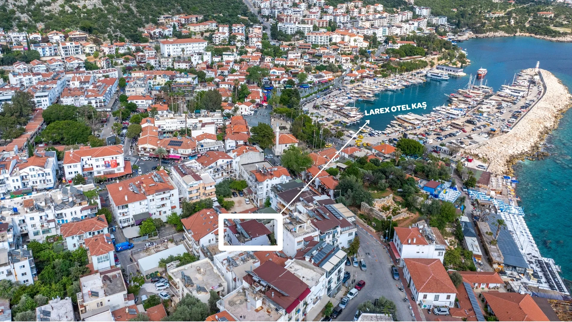 Aerial view of Kaş town and Larex Pansiyon neighbourhood
