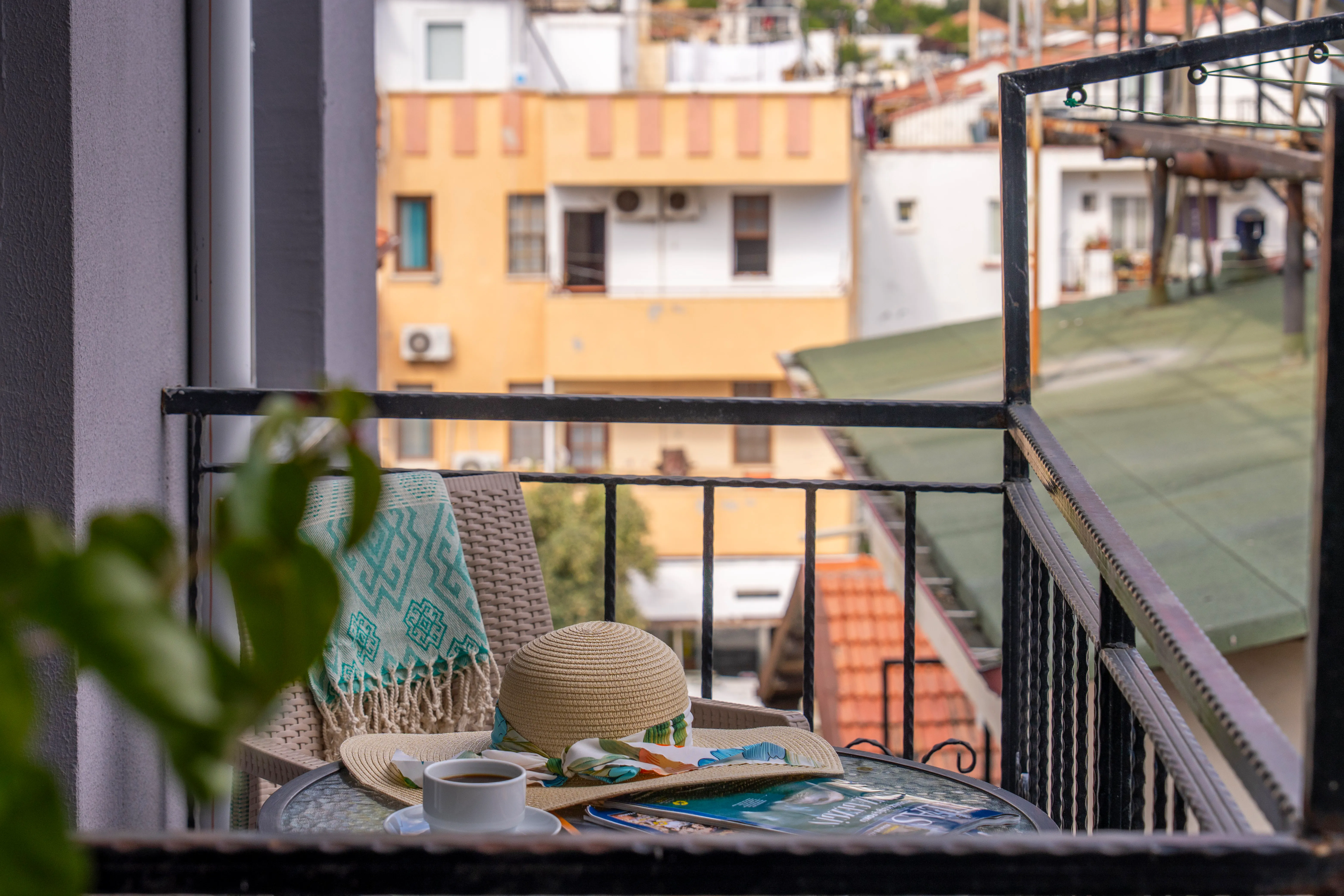 Morning coffee on the balcony overlooking Kaş rooftops