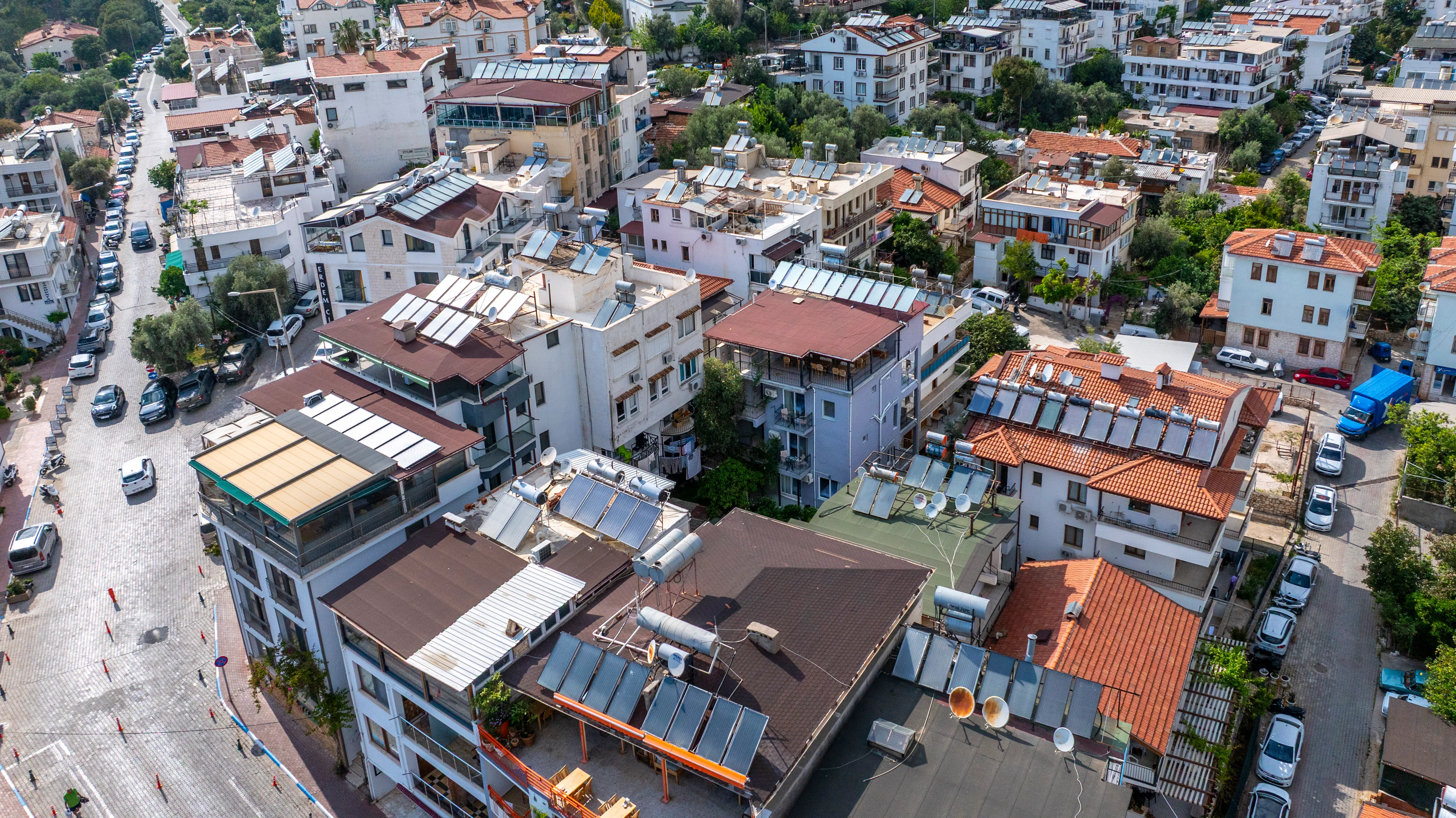 Aerial view of Larex Pansiyon building with rooftop terrace in Kaş